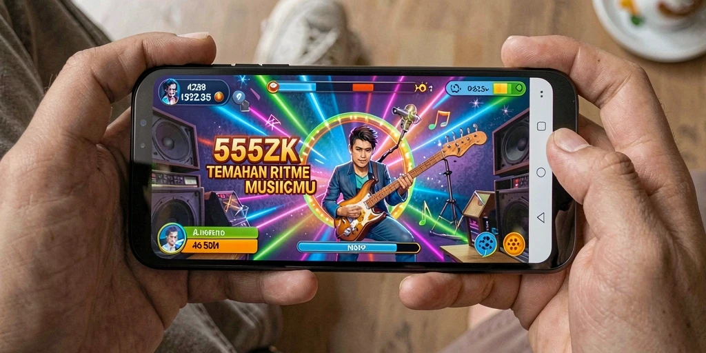 Tampilan gameplay interaktif 555ZK dengan alat musik virtual.