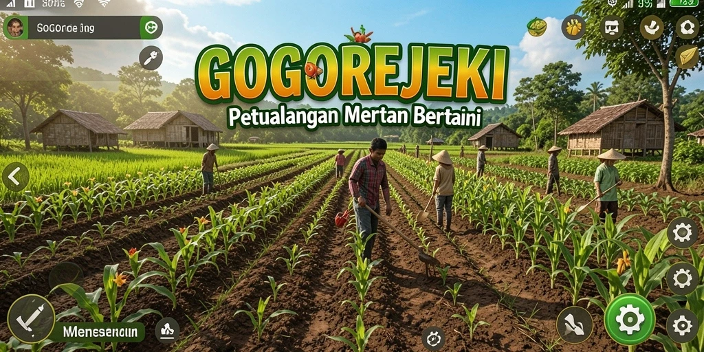 Screenshot GOGOREJEKI menampilkan lahan pertanian yang subur dan hewan ternak yang bahagia.
