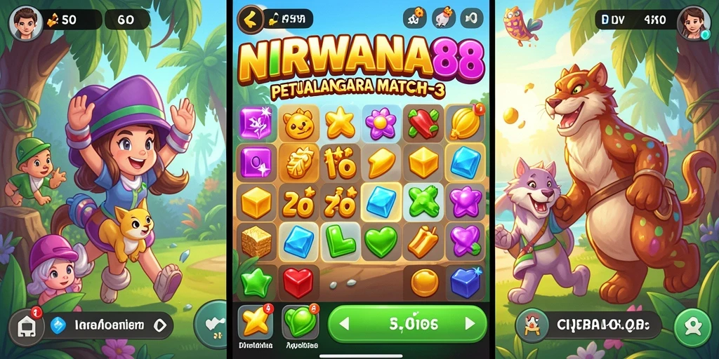 Gameplay seru NIRWANA88 dengan tantangan Match-3 menarik.
