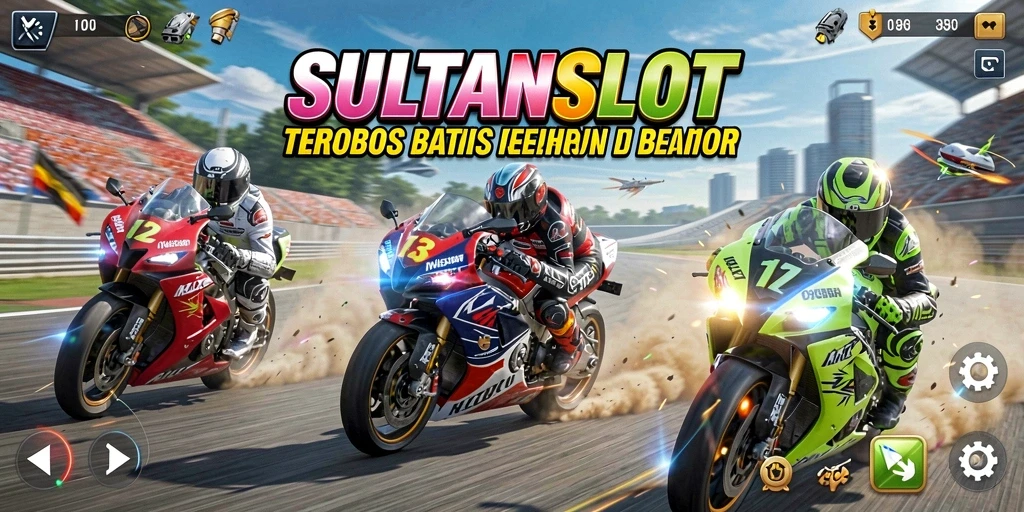 Screenshot gameplay SULTANSLOT menampilkan balapan motor yang mendebarkan.