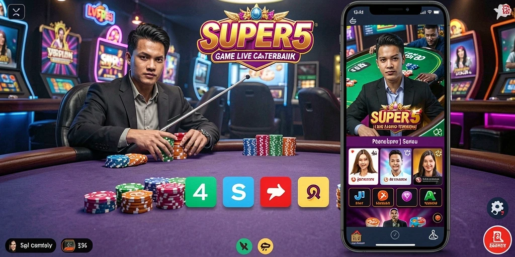 Screenshot utama <strong>SUPER5</strong> menampilkan dealer profesional dan pemain aktif dalam permainan Live Casino.