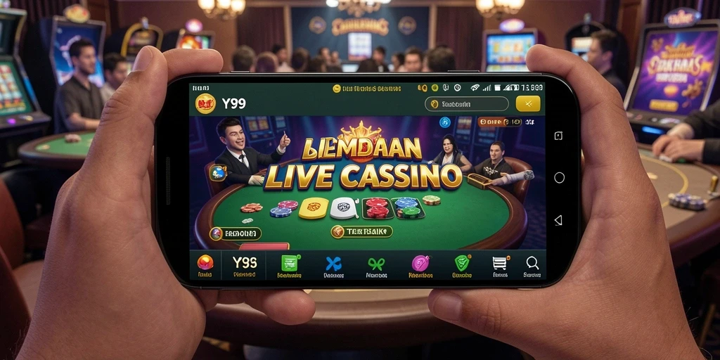 Tampilan gameplay Y89 menunjukkan dealer live dan suasana kasino yang mengasyikkan.
